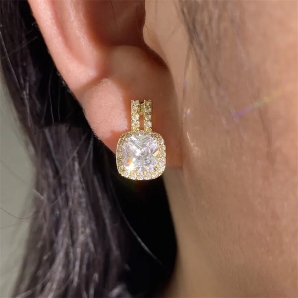 Cubic Zirconia Square Golden Stud Earrings - Picture 2 of 3